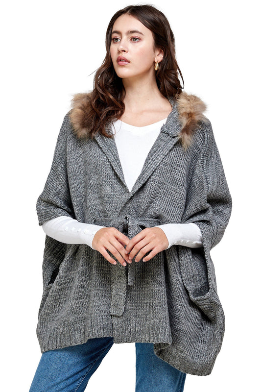 Knitted Cape with Faux Fur Collar