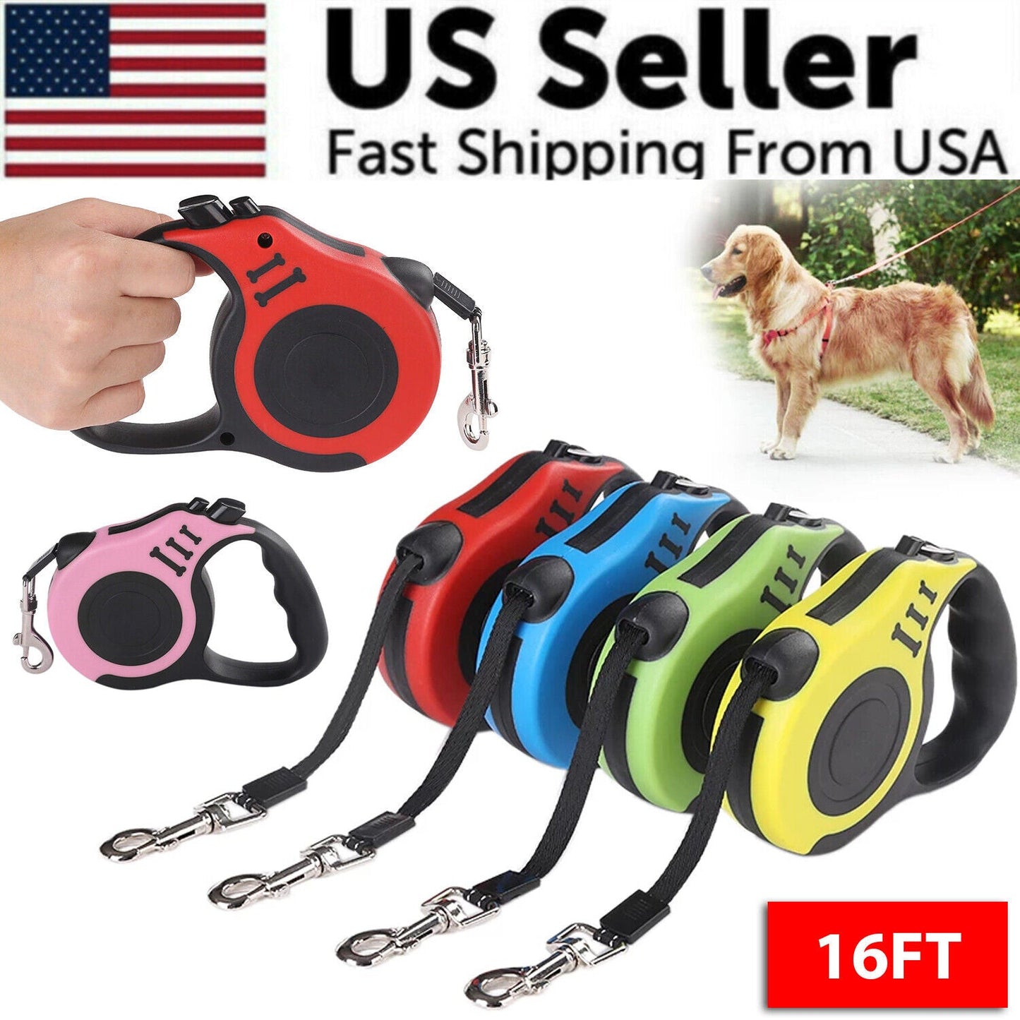 16.5FT Automatic Retractable Dog Leash Pet Collar Automatic Walking