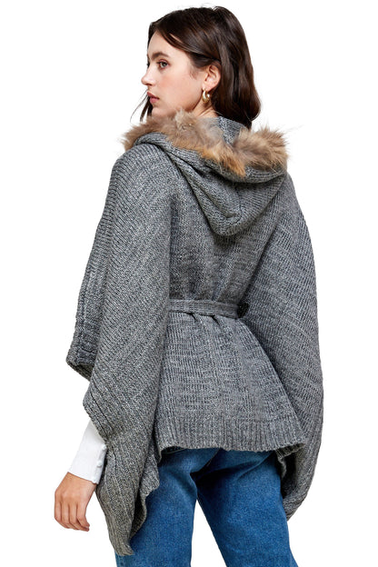 Knitted Cape with Faux Fur Collar