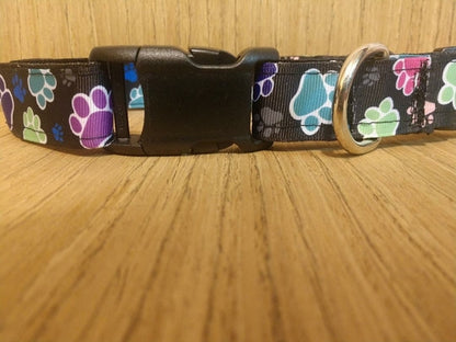 Collar/ Large/ Medium/ Colorful Paw Prints on Black