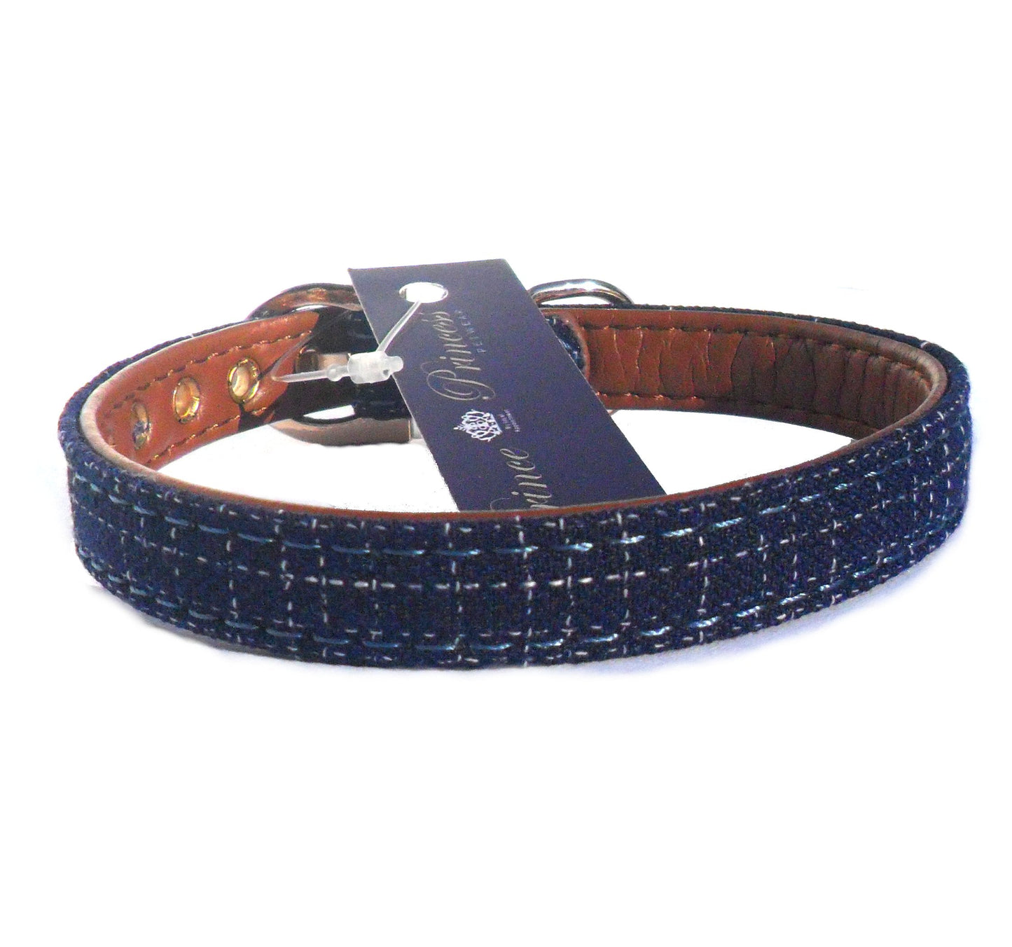 Blue Fabric & Brown Faux Leather Collar