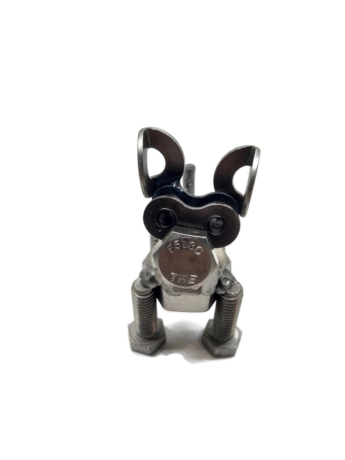 Scrap Metal Short Eared Dog Figurine, Steel Canine, Nuts and Bolts