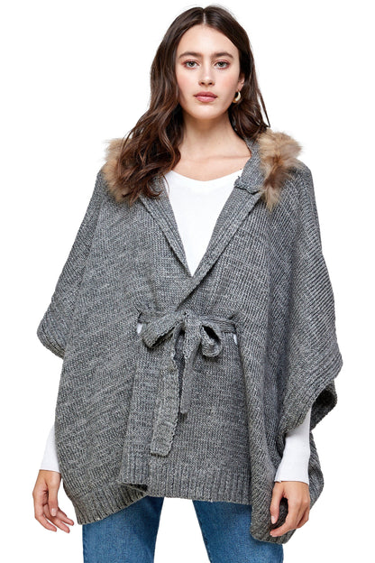 Knitted Cape with Faux Fur Collar