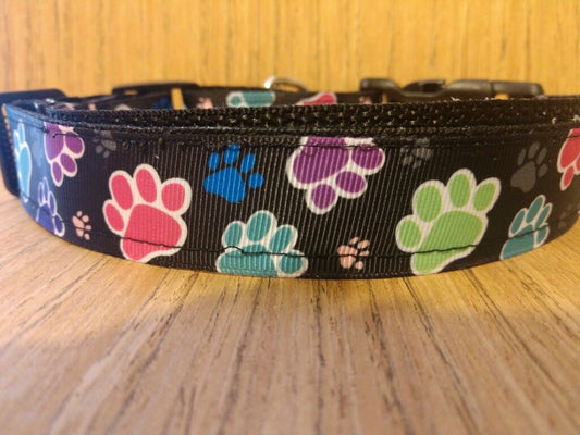 Collar/ Large/ Medium/ Colorful Paw Prints on Black